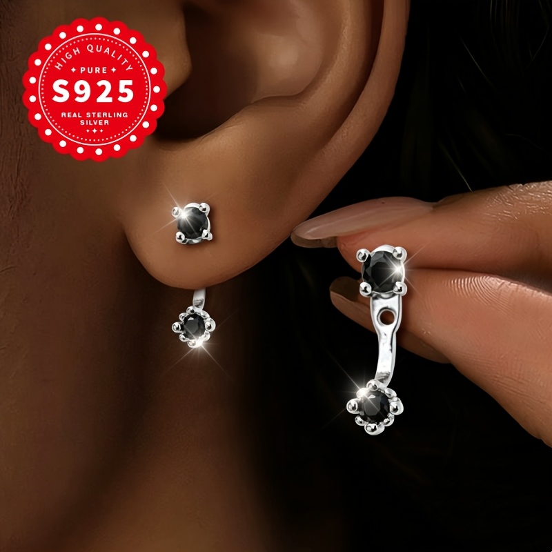 S925 Sterling Silvery Women's Black Double Synthetic Zirconia Drop Earrings